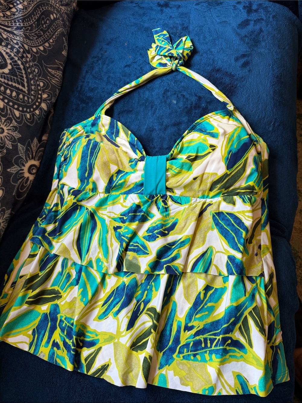 Alex Marie Green Teal Blue Leaf-Print Women’s Swim Bikini Tankini Top